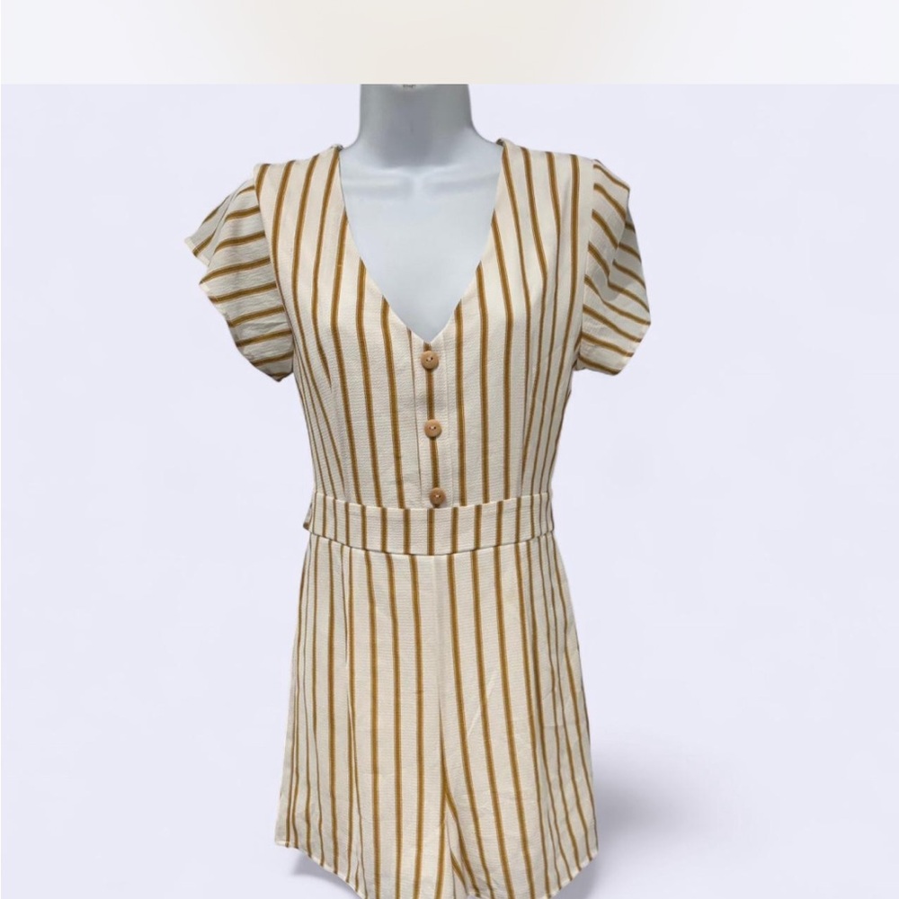 Striped V-Neck Buttoned Romper